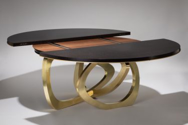 wood and brass dining table extending 1